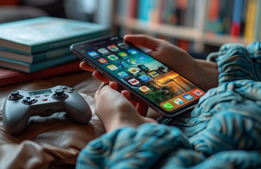 Student's hands holding a smartphone with a gamified learning app