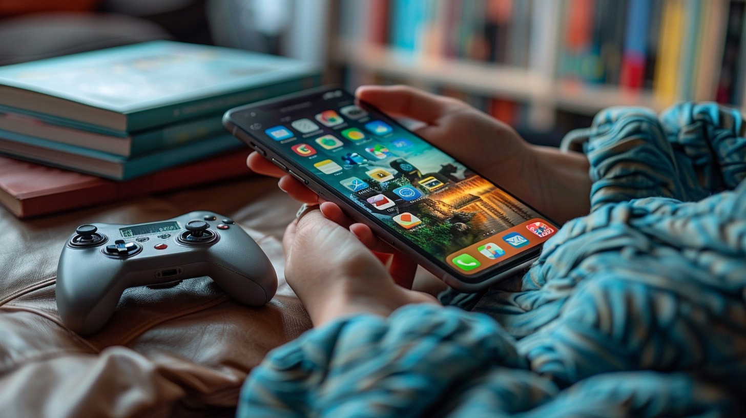 Student's hands holding a smartphone with a gamified learning app